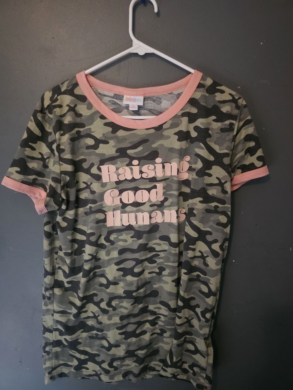 LuLaRoe Camo Tee with Pink Trim - 'Raising Good Humans'